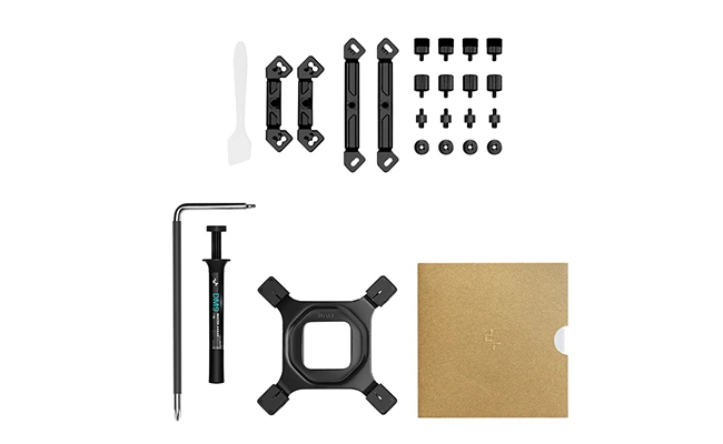 در این عکس تجهیزات لازم برای اتصال خنک کننده پردازنده دیپ کول مدل assassin 4s موجود در جعبه نمایش داده شده است.