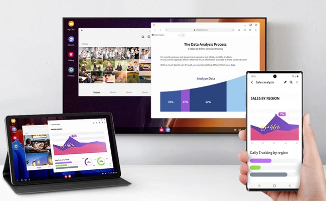 در این عکس یک گوشی موبایل سامسونگ در حال ارتباط با یک تبلت یا مانیتور از طریق سامسونگ دکس نمایش داده شده است.