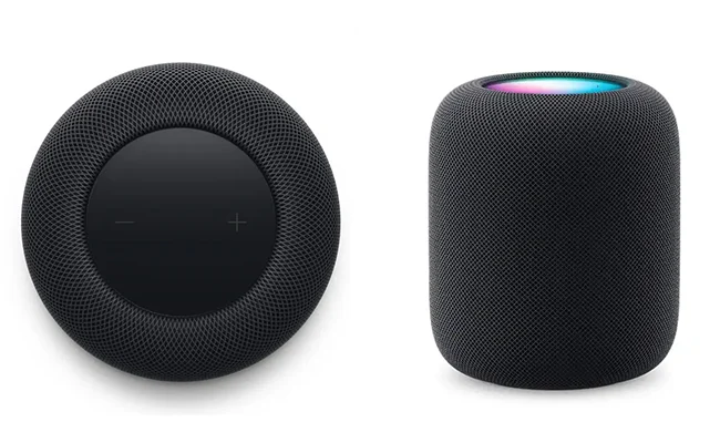 در این عکس یک اسپیکر هوشمند HomePod اپل از نمای بالا و جانبی نمایش داده شده است.