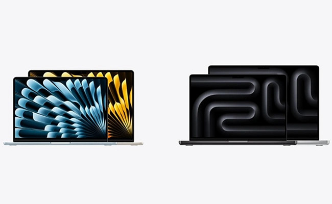 در این عکس یک لپ تاپ اپل ایر و یک لپ تاپ اپل پرو در کنار هم نمایش داده شده است.