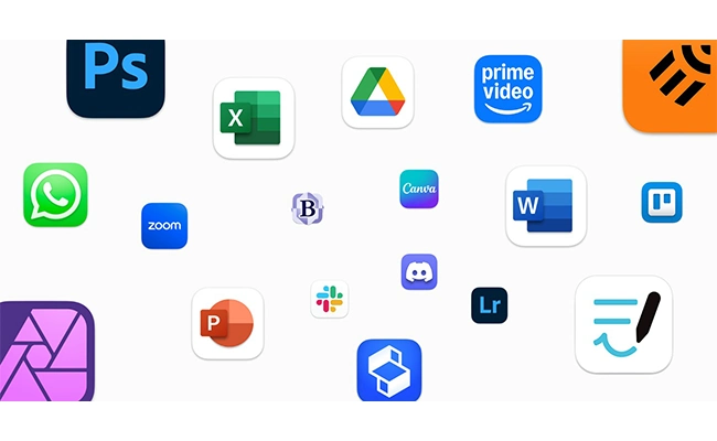 در این عکس آیکن&zwnj;های مربوط به نرم&zwnj;افزارهای قابل استفاده در لپ تاپ مک بوک اپل نمایش داده شده است.