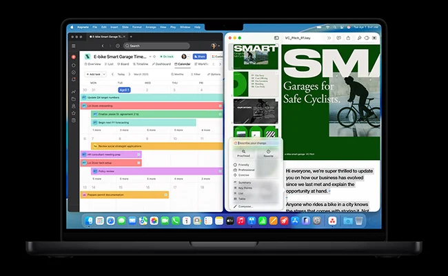 در این عکس تصویری از نمایشگر مک بوک M5 Pro Apple با تایل&zwnj;بندی پنجره&zwnj;ها نمایش داده شده است.