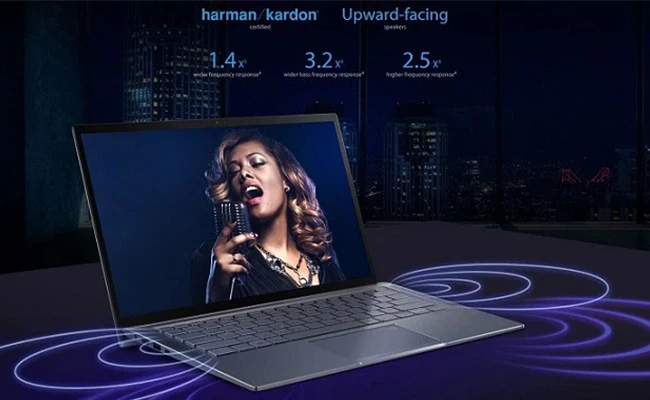 در این عکس امواج صدایی تولید شده توسط بلندگوهای Harman Kardon به کار رفته در یک لپ تاپ Asus به صورت شماتیک نمایش داده شده است.