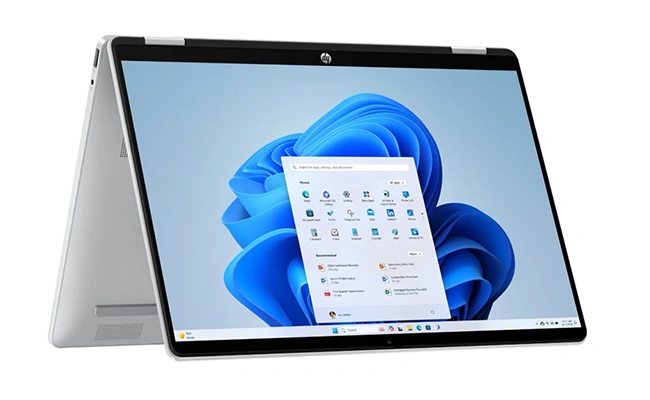 در این عکس یک لپ تاپ Omnibook 5 Flip 14-fp0023dx اچ پی Ultra 7 16GB ا ۱۴ اینچی در حالت ایستاده نمایش داده شده است.