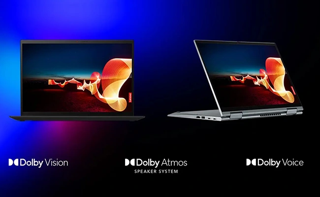 در این عکس دو لپ تاپ های لنوو نمایش داده شده و آرم&zwnj;های دالبی در زیر آن آمده است.