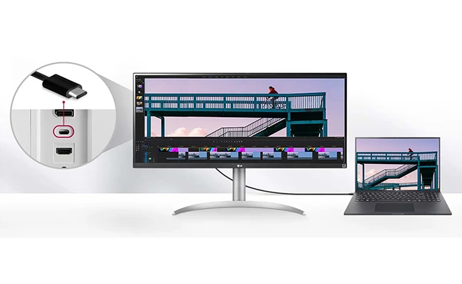 در این عکس پورت&zwnj;های ورودی/ خروجی مانیتور 34WQ650-W LG نمایش داده شده است.