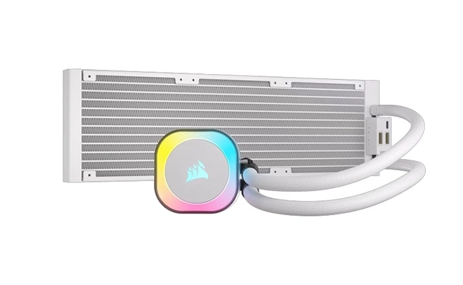 در این عکس یک سیستم خنک کننده آبی کورسیر مدل H150i RGB از نمای پشتی نمایش داده شده است.
