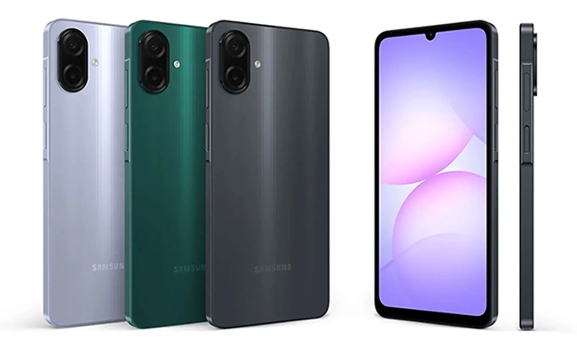 گوشی&zwnj;های سامسونگ Galaxy A07 در همه رنگ&zwnj;ها، نمای پشت کنار هم و یک گوشی رو به جلو