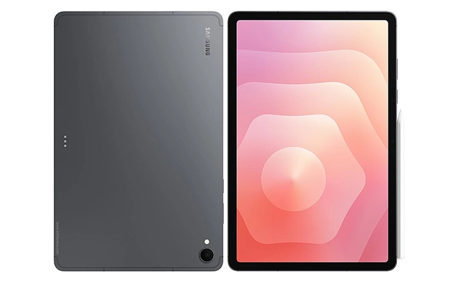 در این عکس یک تبلت Galaxy Tab S11 سامسونگ از نمای پشت و جلو نمایش داده شده است.