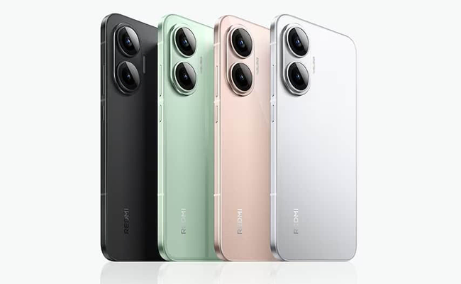 در این عکس گوشی موبایل شیائومی Redmi Turbo 5 در رنگ&zwnj;های مختلف نمایش داده شده است.