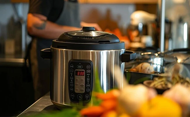 مولتی&zwnj;کوکر برقی استیل روی میز آشپزخانه