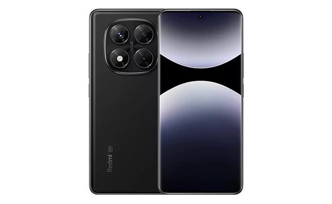 در این عکس یک گوشی موبایل Redmi Note 14 Pro 5G شیائومی ظرفیت 512 گیگابایت رم 12 گیگابایت از نمای پشتی و جلویی نمایش داده شده است.