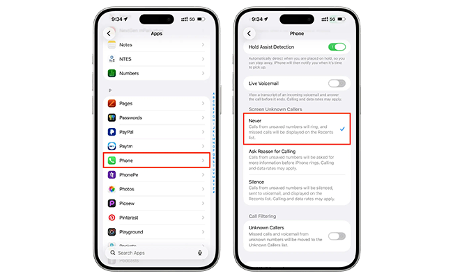 تنظیمات Screen Unknown Callers در ایفون با انتخاب گزینه Never