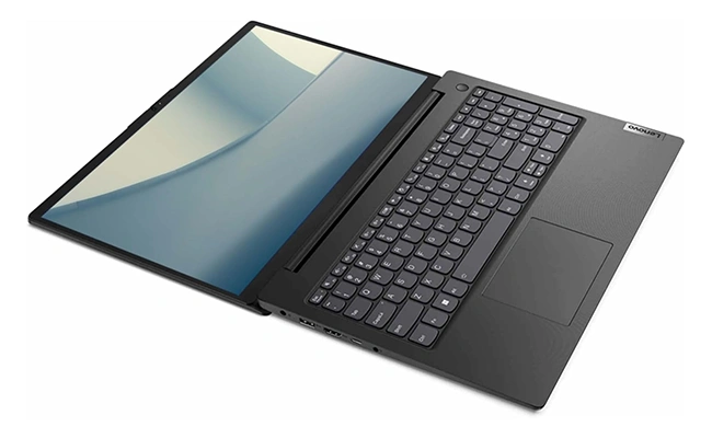 در این عکس لپ تاپ Lenovo V15 G4 IRU به صورت کاملا باز و 180 درجه نمایش داده شده است.
