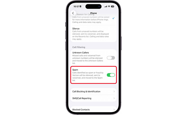 فعال سازی فیلتر تماس&zwnj;های اسپم در آیفون