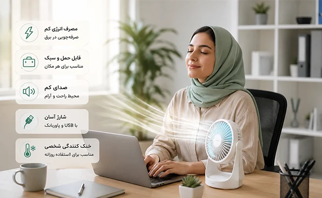استفاده از پنکه شارژی رومیزی روی میز کار 